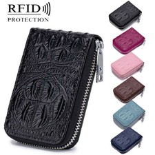 RFID Blocking Zipper Card Pocket Wallet Genuine Leather ID/Credit Card Holder