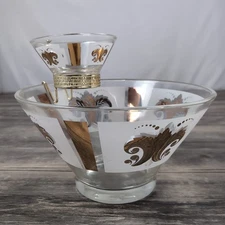 Vintage MCM Glass Chip and Dip 3-Piece Set Gold & Frosted Fleur-de-Lis Design