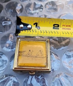 Vtg French Hinged Metal Trinket Pill Box Container Pocket Glaze Gold Tone 1.5"