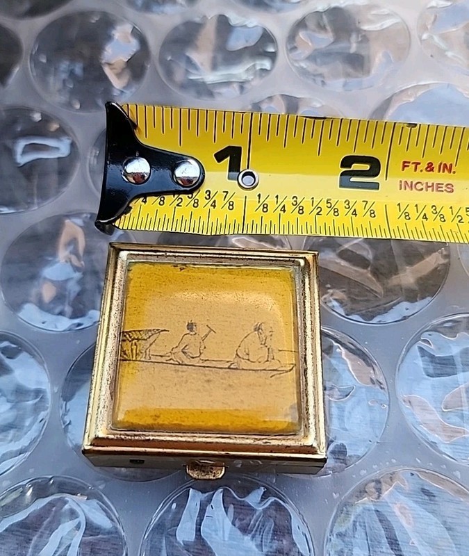 Vtg French Hinged Metal Trinket Pill Box Container Pocket Glaze Gold Tone 1.5"