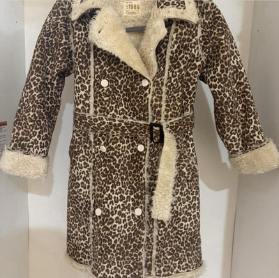 PLACE Girls Leopard Print Faux Fur Overcoat M 7/8 Button Belt Winter Long Sleeve