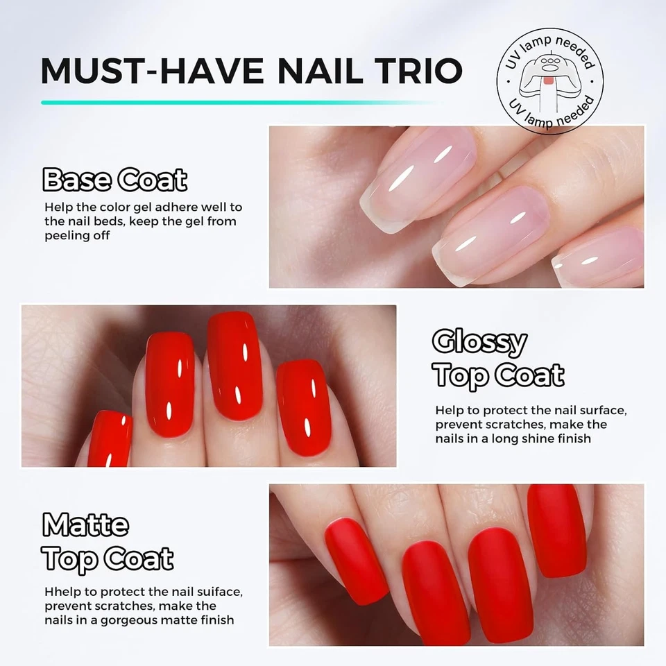 Base Top Coat Gel UV Nagellack 3 X 15ml Enthält Matte No Wipe Nagellacke - Bild 3 von 4