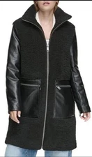 Andrew Marc Tunis Pleather Trimmed Sherpa Coat Women's Black,  Large