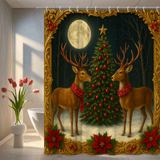 Christmas Shower Curtain with Reindeer and Tree