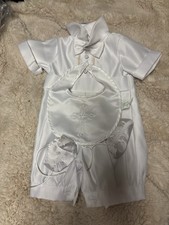 White Satin Boys Christening Outfit Tailored Short Sleeve with Accessories