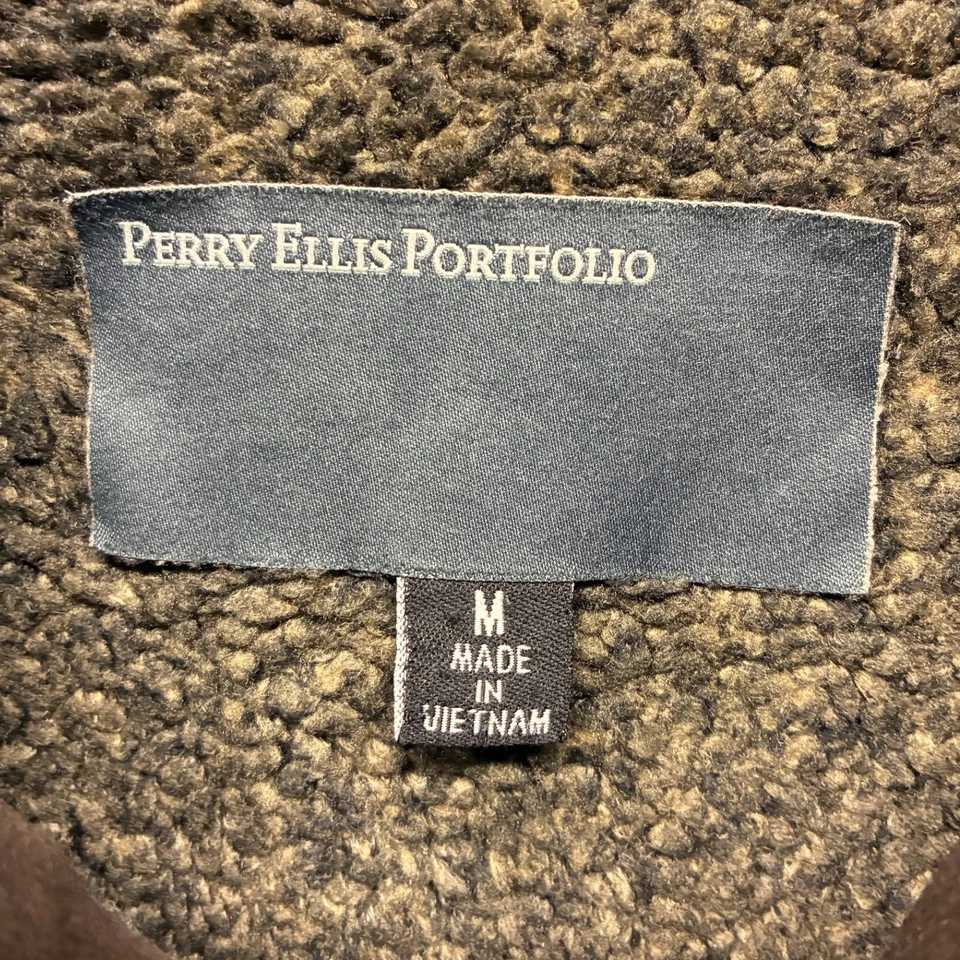 Perry Ellis Portfolio Sherpa Lined Jacket Mens Brown Suede Like Button Up Size M - Image 4 of 4