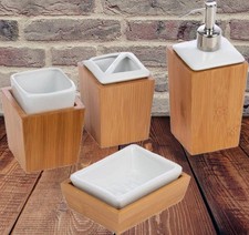 White 4-Piece Bathroom Set with Soap Dish, Pump, Cup, and Toothbrush Holder