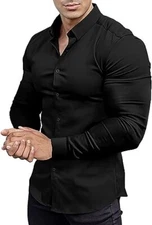 Men’s Muscle Fit Dress Shirts Athletic Slim Fit Long Sleeve  Button Down Shirt