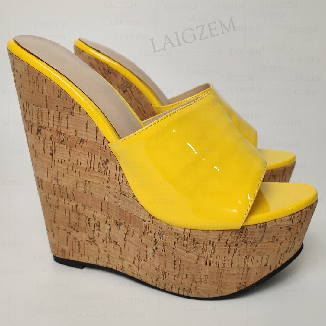 Women Pumps Platform Wedges Shiny Peep Toe Slip On Mules High