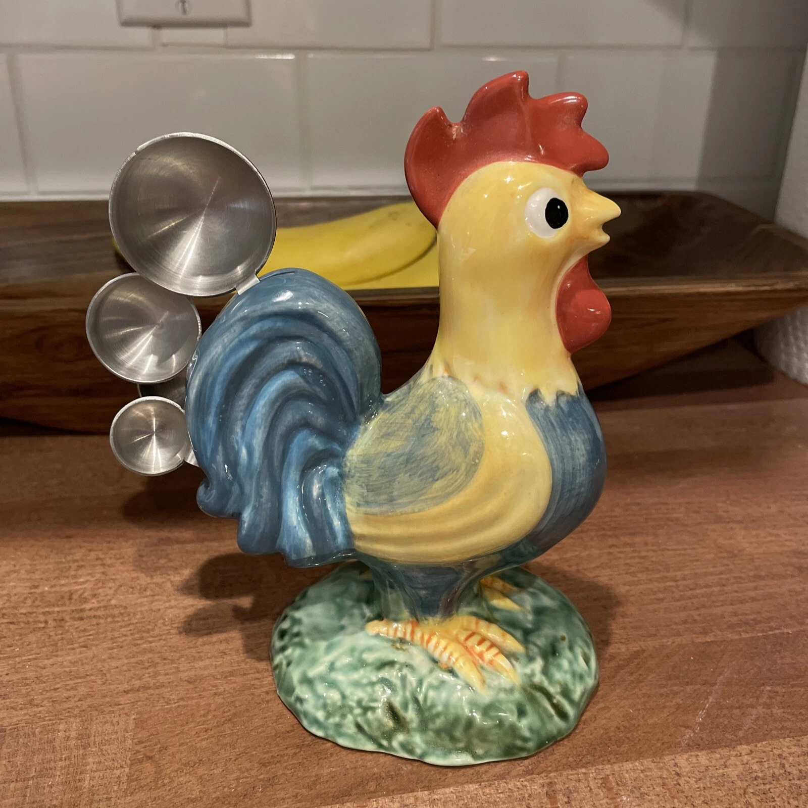 Vintage Rooster Measuring Spoons Holder Container Colorful Ceramic 7"