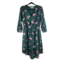 Studio B by Bobeau Green Floral High-Low V-Neck Fit & Flare Dress Women's Size M