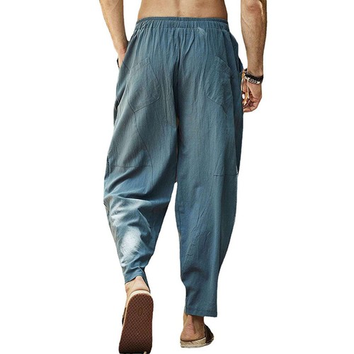 Men Cotton Linen Baggy Trousers Wide Leg Elastic Waist Loose Casual Harem Pants - Picture 11 of 26