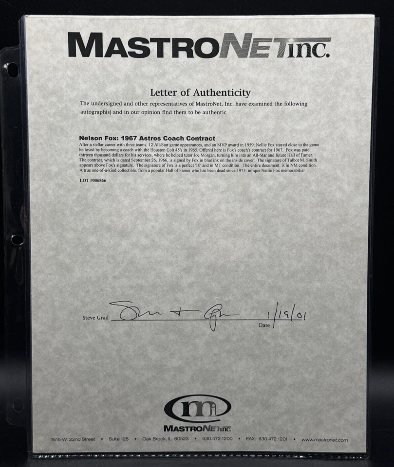 1967 Houston Astros Nellie Fox Signed Baseball Contract PSA 10 Gem Mint AUTO HOF - Image 2 of 4