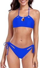 Women's Cutout Halter String Bikini, Tie Side, Low Rise, Two Piece, Blue, SZ-S