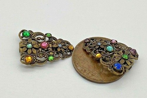 Antique Gold Metal Vintage Set Of Two Scarf Clips Brooches Crystal Stones - Picture 6 of 7