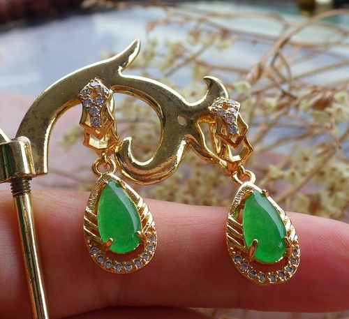 Yellow Gold Plate Icy Green JADE Earrings Teardrop Diamond Imitation 322762 - Picture 3 of 7