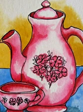 Cream and Sugar Please original pink cofe pot & cup painting aceo Teresa Felton