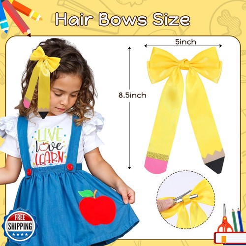 NCMAMA 2Pcs Back to School Hair Bows for Girls Pencil Hair Clips Glitter Yell - Picture 3 of 5