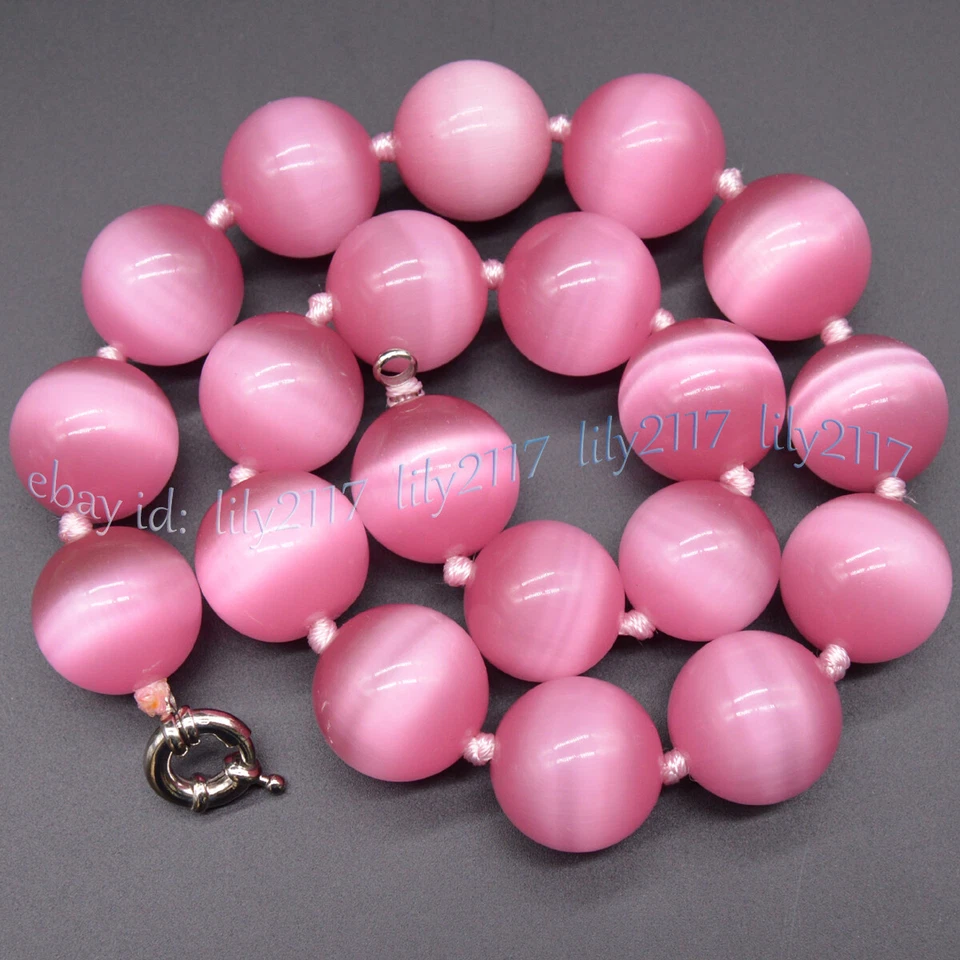 Huge 20mm Pink Opal Cat's Eye Gems Round Beads Necklace 18'' Bracelet 8-8.5'' - Image 4 of 4