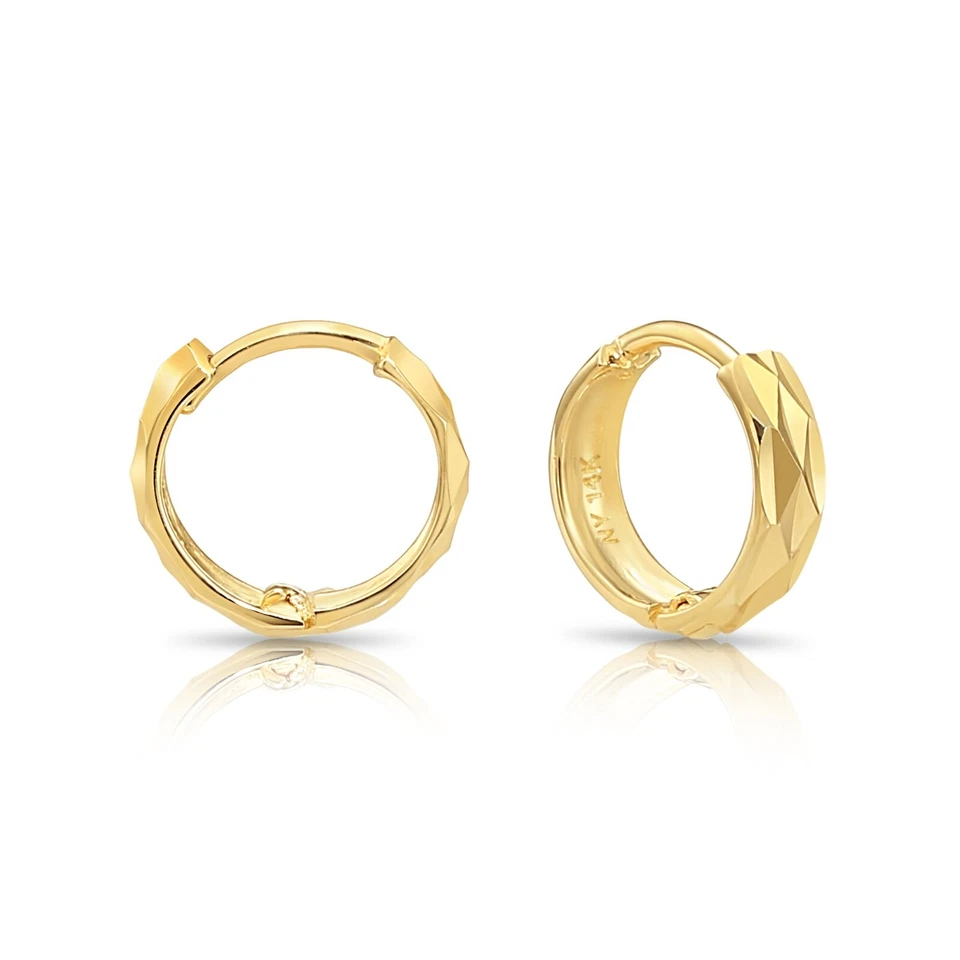 14K Solid Yellow Gold Round Diamond-Cut Huggie Hoop Earrings Baby Small 10MM - Image 2 of 4