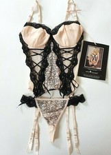 Wild Designs Size 34DD Nude & Black Lace Bustier and Thong Basques Corsets