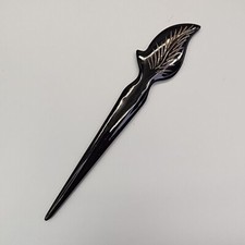 Vintage Leaf Hair Clip Barrette Black Etched Plastic 5"