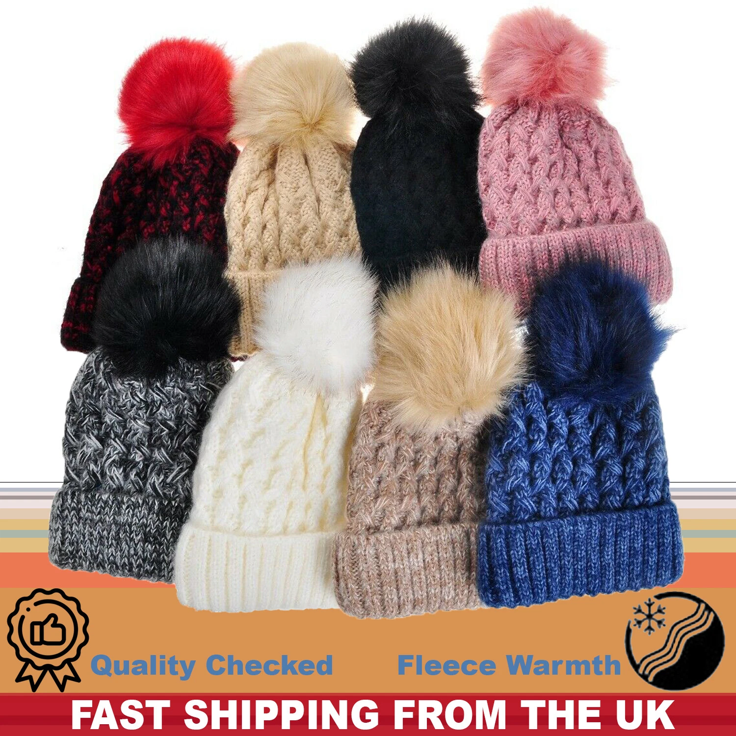 Knitted Winter Warm Beanie Hat With Soft Fleece Lining Pom-Pom Bobble UK