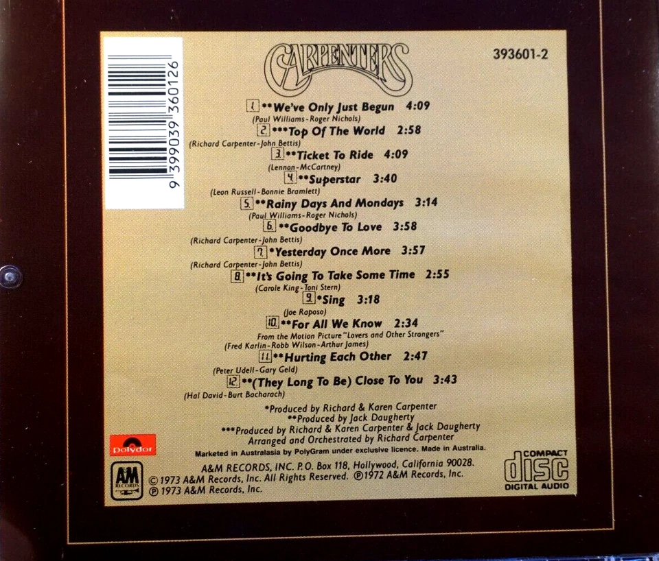 Carpenters - The Singles, 1969-1973 - CD, MUITO BOM ESTADO - Imagem 2 de 2