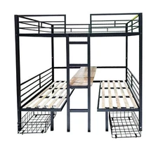 Steel Full Size Loft Bed with Table Set Transformable To Full Over Full Bunk Bed