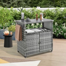 Outdoor Wicker Bar Cart, Patio Wine Serving Cart, Rattan Beverage Bar Table