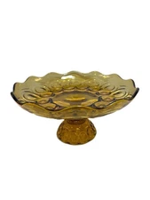 Footed Cake Plate Compote LE Smith Amber Moon & Stars |  Scalloped Ruffled Edge