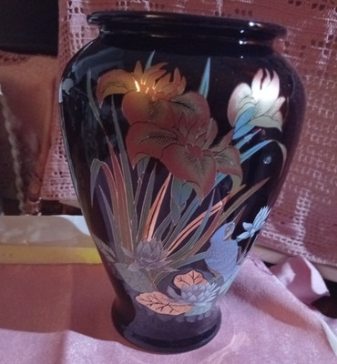 Decora Exclusive Quality Vase Keramik schwarz Blumenmotiv glänzend Made in Italy