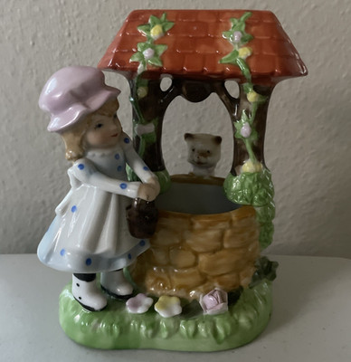 Vintage Girl & Kitten Ceramic Porcelain Figurine Getting Water at Wishing Well