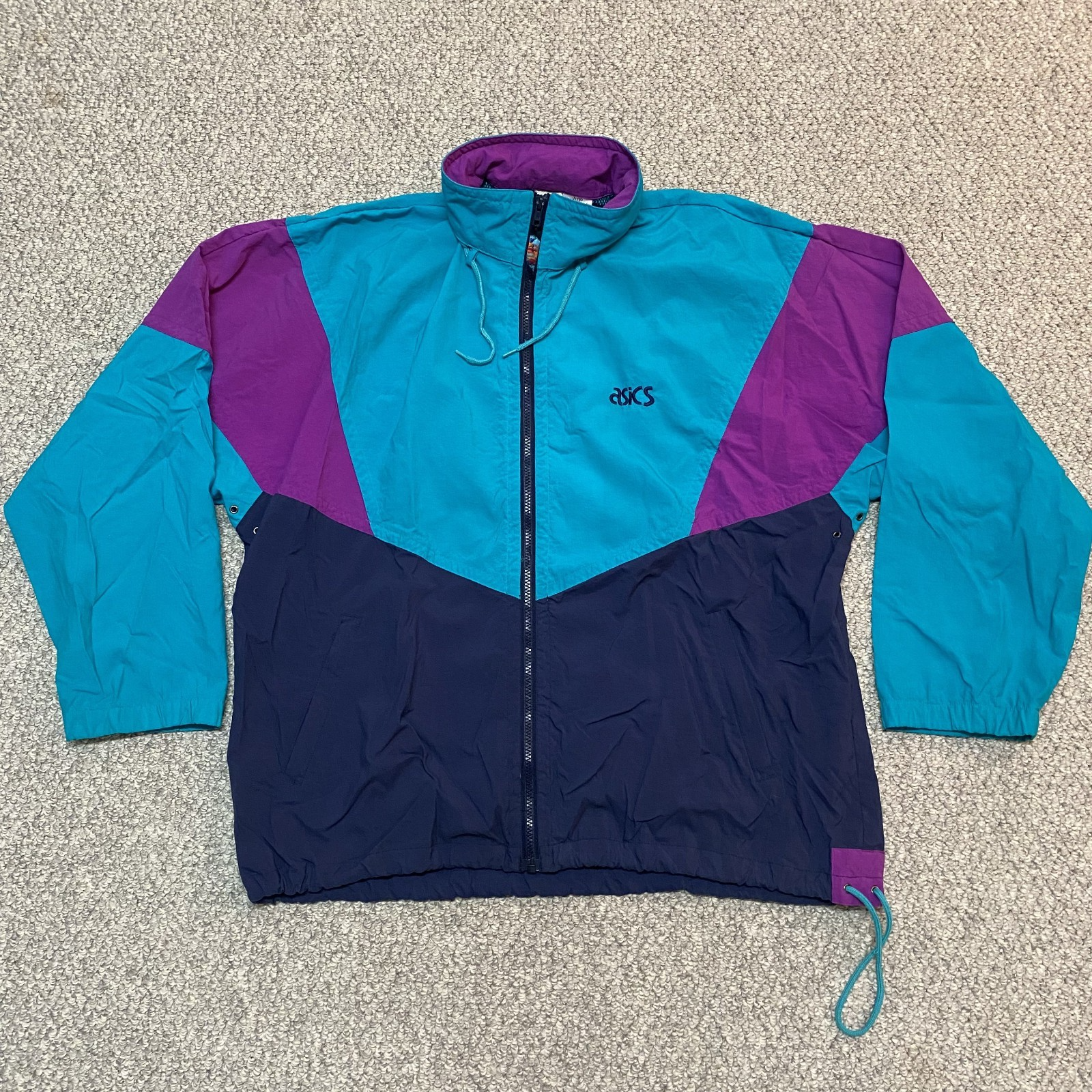 Vintage ASICS Mens Jacket 90s Purple Navy Teal Colorblock Windbreaker Hood L XL