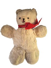 Vintage 1950's Plush Teddy Bear Stuffed Animal Beige Red Bow Medium Size 16"