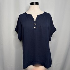 Banana Republic Navy Blue Short Sleeve Blouse Gold Hardware Size Large Career