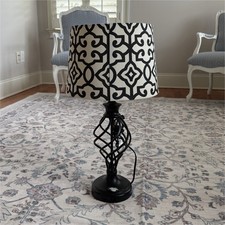 Black Metal Table Lamp w/ Black  White Geometric Drum Fabric Shade, Switch