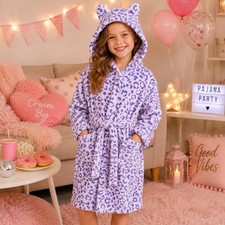 Kids Soft Bathrobes Toddler Cat Ears Hooded Robe Leopard Pajamas Girls Sleepwear
