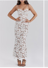 House of CB Pearl White Floral Embroidered Maxi Dress Large with Bigger  Cup 