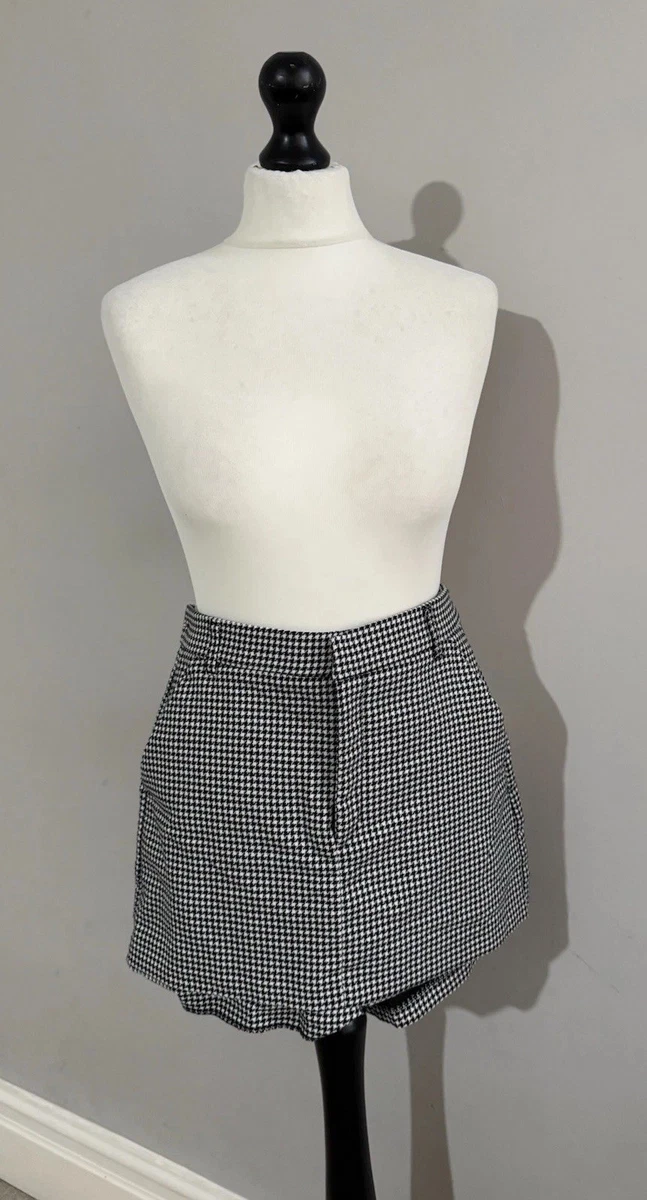 ZARA Houndstooth Mini Falda Skort Talla M Negro Blanco Cintura Alta Pantalones Cortos