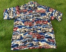 VTG REYN SPOONER - Blue Hawaiian Shirt Classic Cars Ford Mustang - Mens MEDIUM