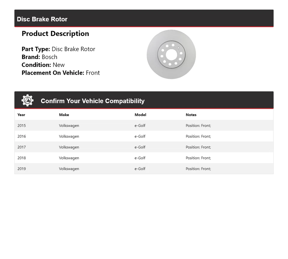 For 2015-2019 Volkswagen e-Golf Bosch QuietCast Disc Brake Rotor Front 2016 2017 - Image 2 of 4