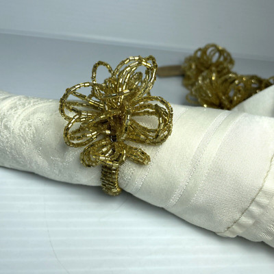 Set of 4 Lurex Multi Loop Napkin Ring Beaded Flower Ring Gold Seed Bead on Wire