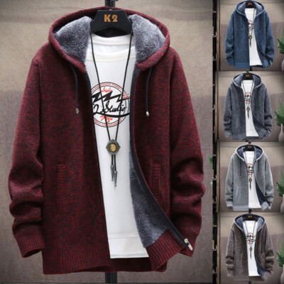 Men's Drawstring Thick Warm Fleece Lined Hoodie Zip Coat Jacket
