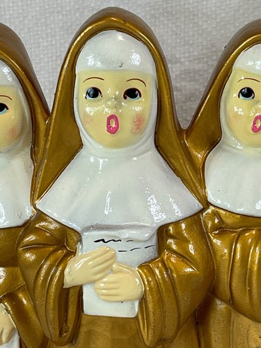Vtg 3 Gold Nun Figurine Ceramic Bisque Wind Up Music Box / Dominique Japan Video - Picture 4 of 11
