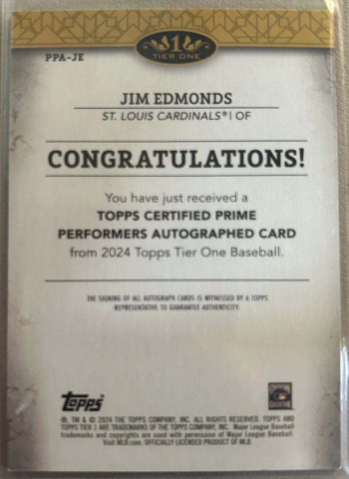 2024 Topps Nivel Uno Jim Edmonds Lámina Azul Autógrafo Auto Cardenales #14/25 Foto 2 de 2