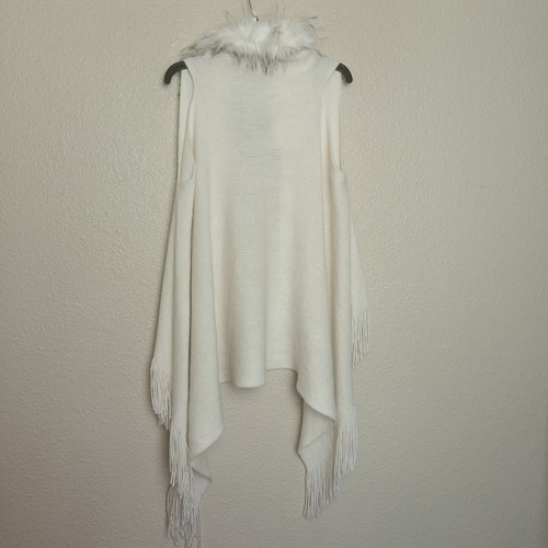 Anthropologie Northern Angel Womens Faux Fur Collar Fringe Hem Knit Vest S/M Whi - Foto 2 di 9