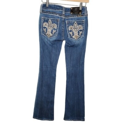Miss Me Dark Wash Bootcut Embroidered Fleur Dis Le Rhinestone Jeans Woman's 26