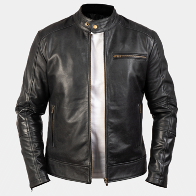 Black Leather Motorcycle Jacket With Snap Button And Zipper