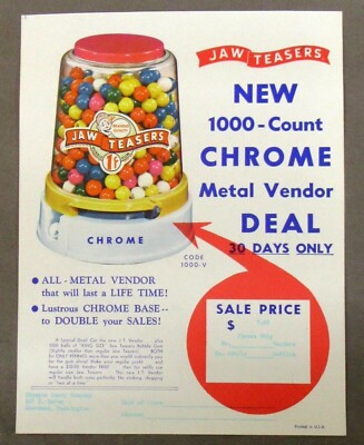 full color ad flyer JAW TEASERS Vending Penny Machine Olympia Candy Washington